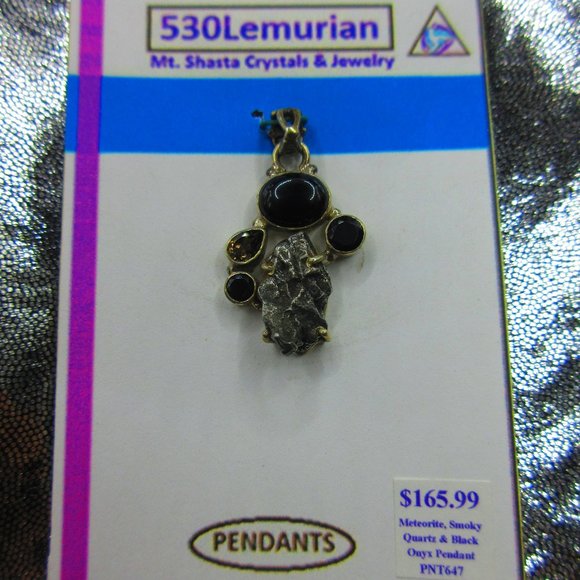 Meteorite Smoky Quartz & Onyx Sterling Silver .925 Gemstone Pendant - Picture 2 of 5